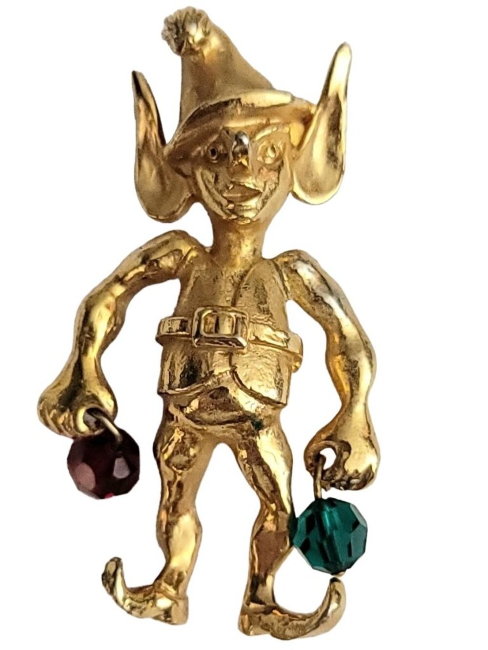 Napier Vintage Gold Tone Red Green Bead Dangle Elf Pin Brooch, Signed